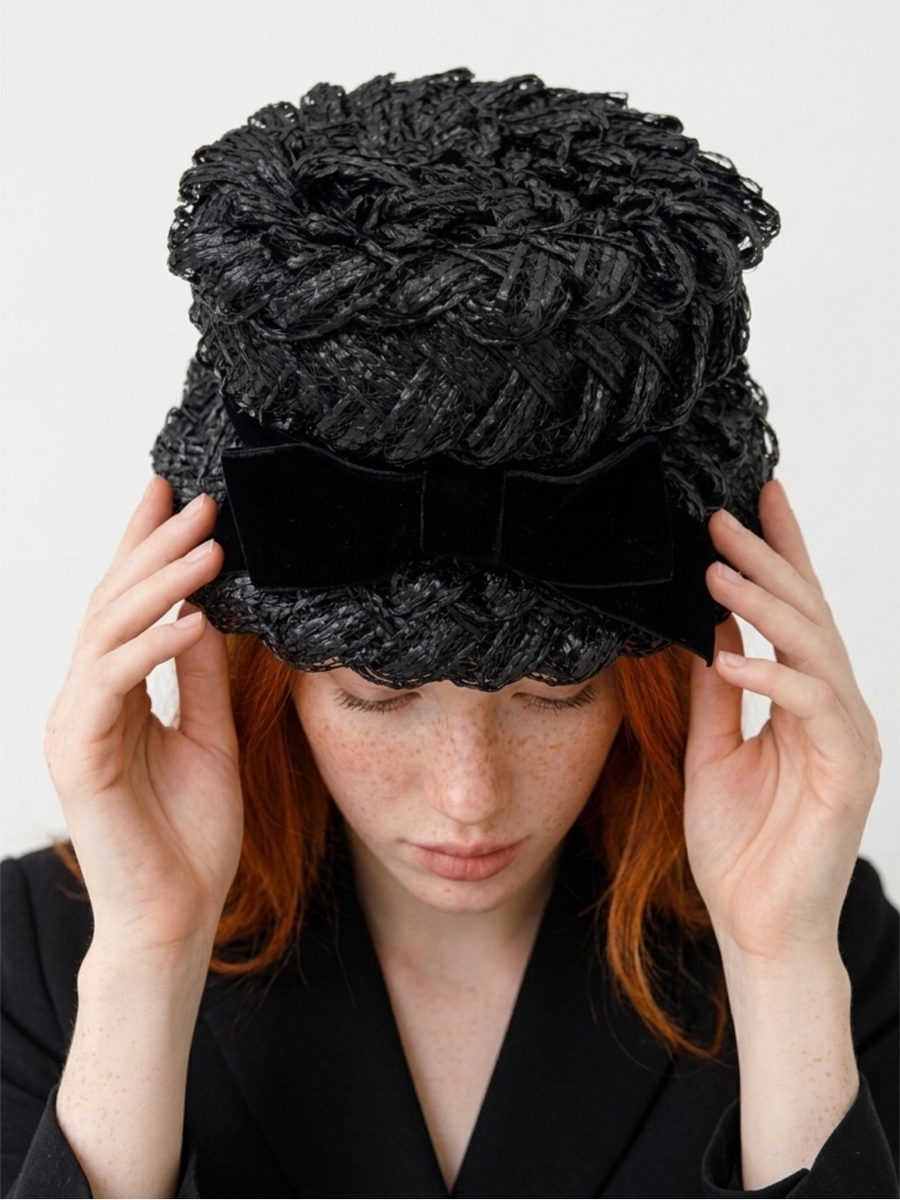 Vintage 50s Black Braided Straw Hat with Velvet Bow